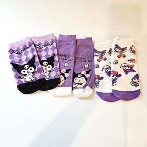 Kuromi Ankle Socks 3 Pair Women Purple White Kawaii Sanrio Cartoon Cute Low Cut